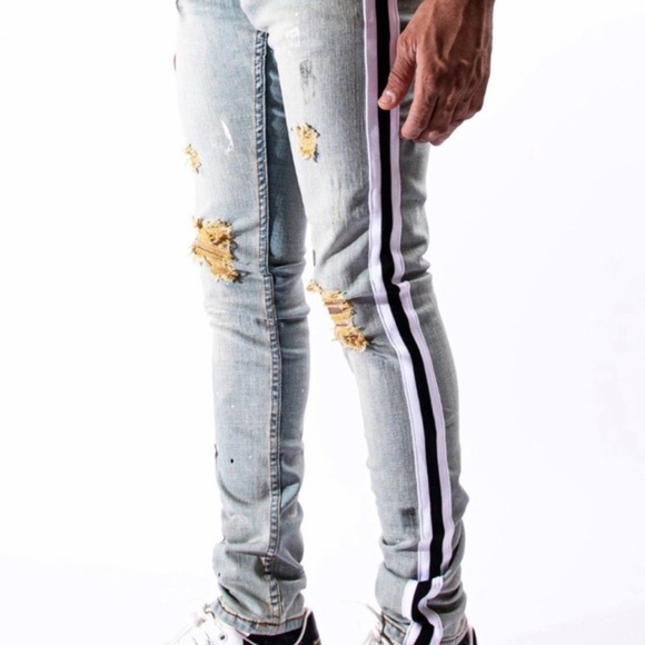 Serenede Skinny White Black Stripe Destroyed Denim Jeans Size 40 Men’s - Picture 7 of 7
